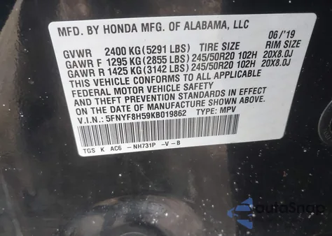 2019 Honda Passport Ex-L из США, поврежденный, VIN 5FNYF8H59KB019862